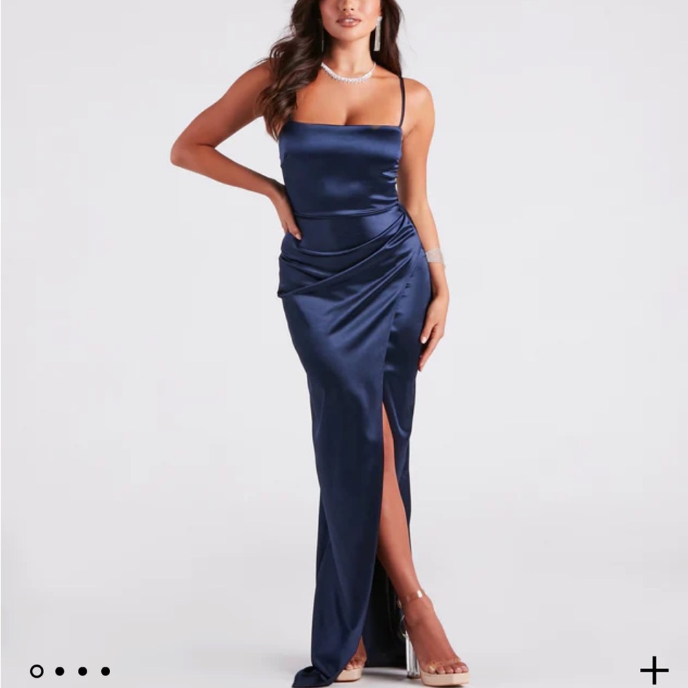 Windsor Mayra formal satin slit long dress navy